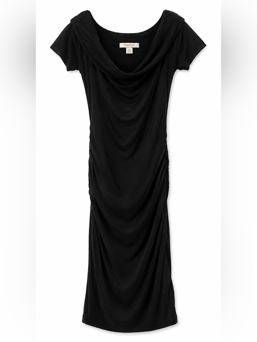 Summer & Sage Black Midi Dress with Synched Sides and Cowl Neck